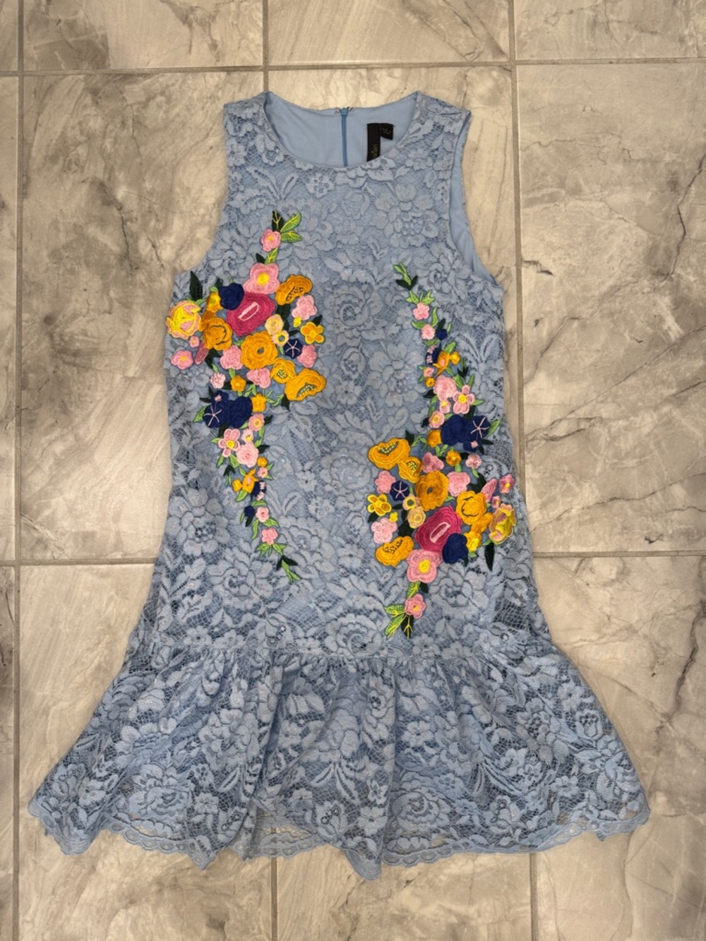 Blue Lace Dress with Floral Embroidery